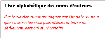 Zone de Texte: Liste alphabtique des noms d'auteurs.
Sur le clavier ci-contre cliquez sur l'initiale du nom que vous recherchez puis utilisez la barre de dfilement vertical si ncessaire.
 
